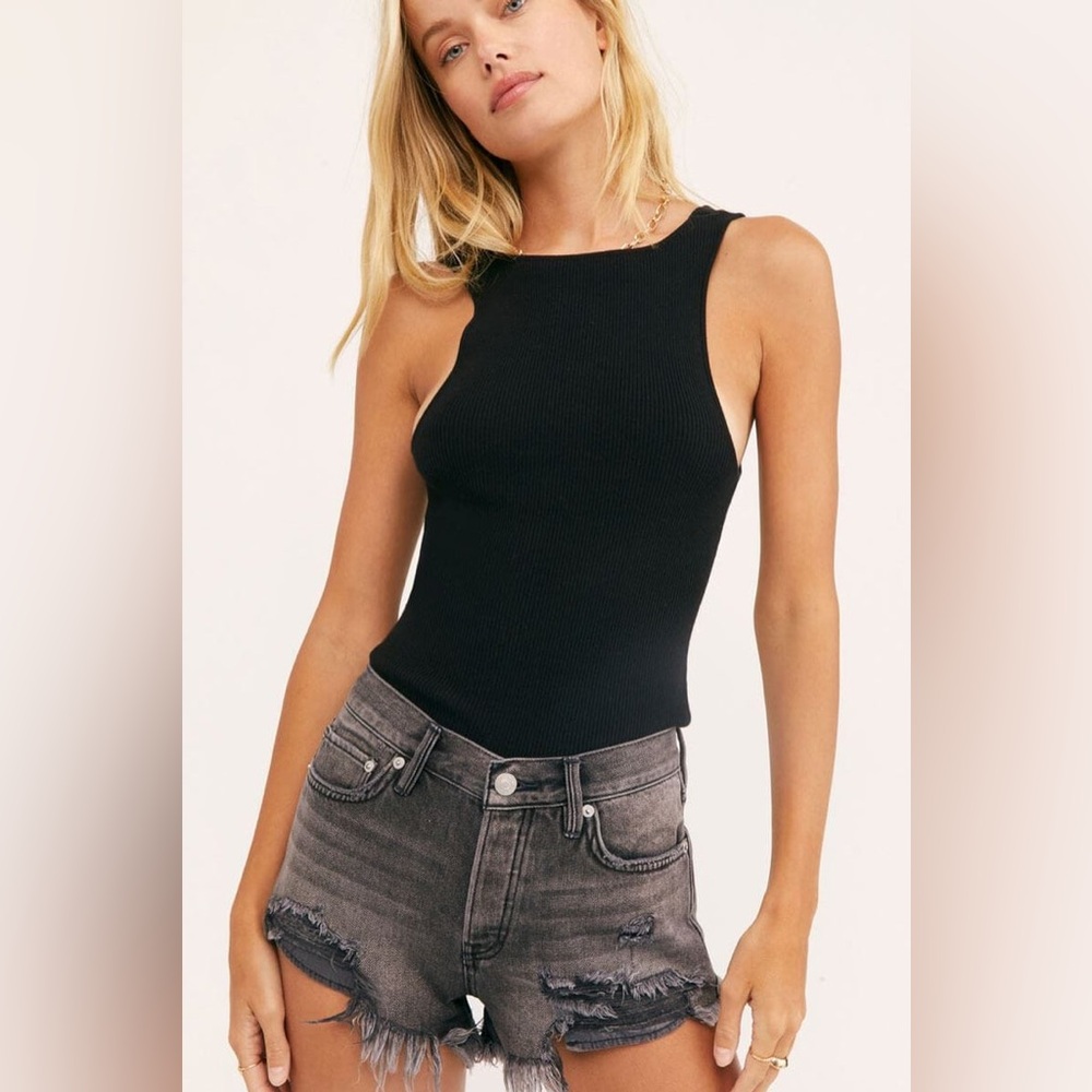 Free People Loving Good Vibrations Black Distressed Denim Shorts